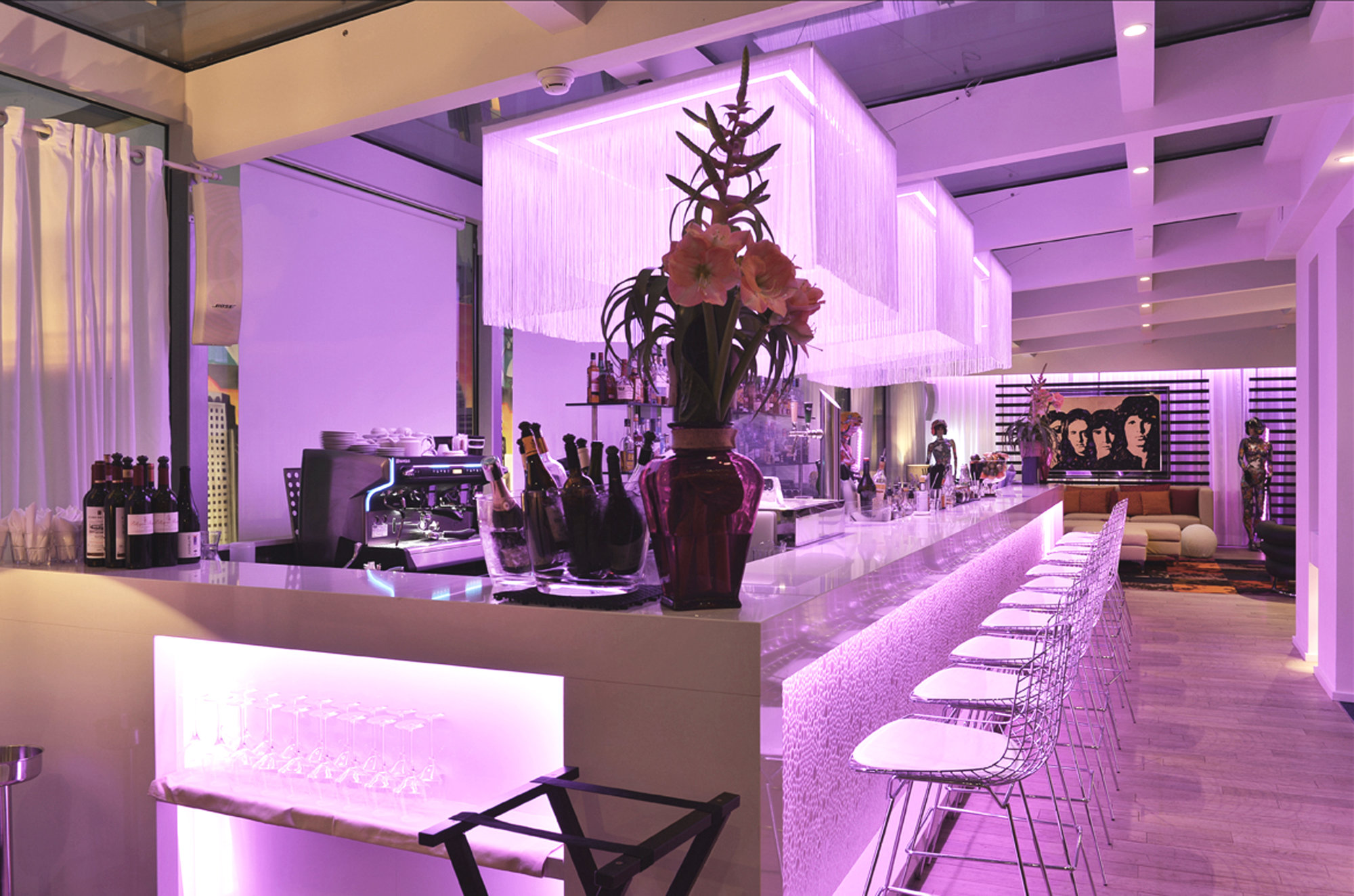 Hotel N'Vy bar counter with fabulous chandeliers pendants. Gitaly contract